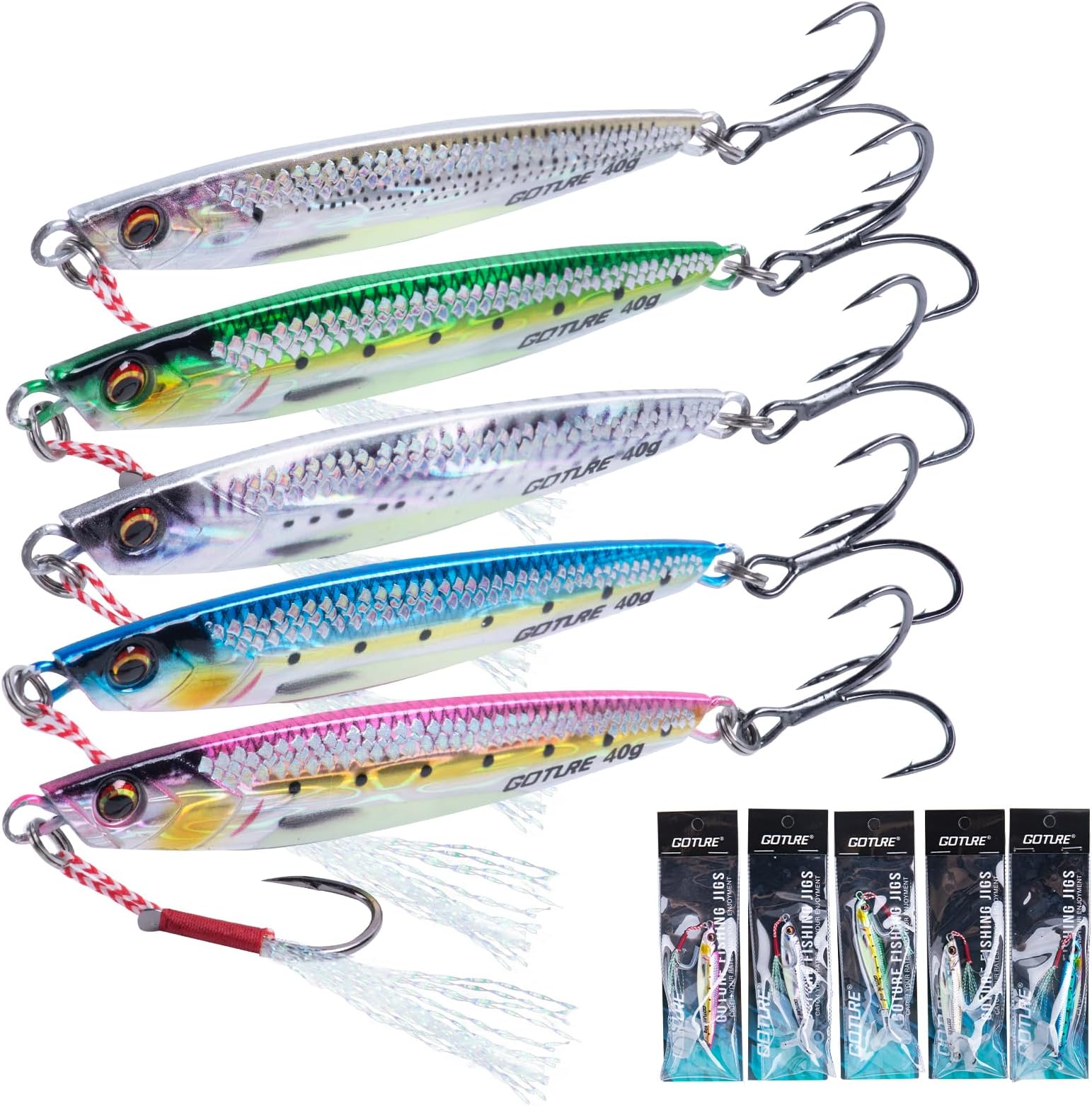 Goture Fishing Jigs, 40g 60g 80g Vertical Jig Saltwater Freshwater, Jig Fishing Lures with Assist Hook and Treble Hook, 5PCS Jigging Spoon Lures, Speed Fast Fall Jigs for Tuna,Salmon,Bass