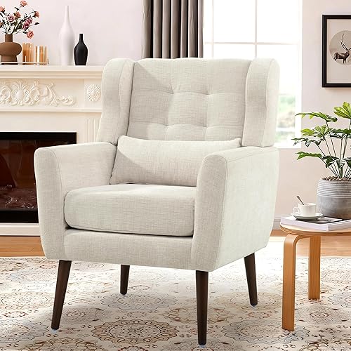 Modern Accent Chair, Upholstered Armchair with Pillow, Fabric Single Sofa Chair with Lounge Seat and Wood Legs Accent Chair for Living Room Bedroom Small Spaces (Beige, Set of 1)
