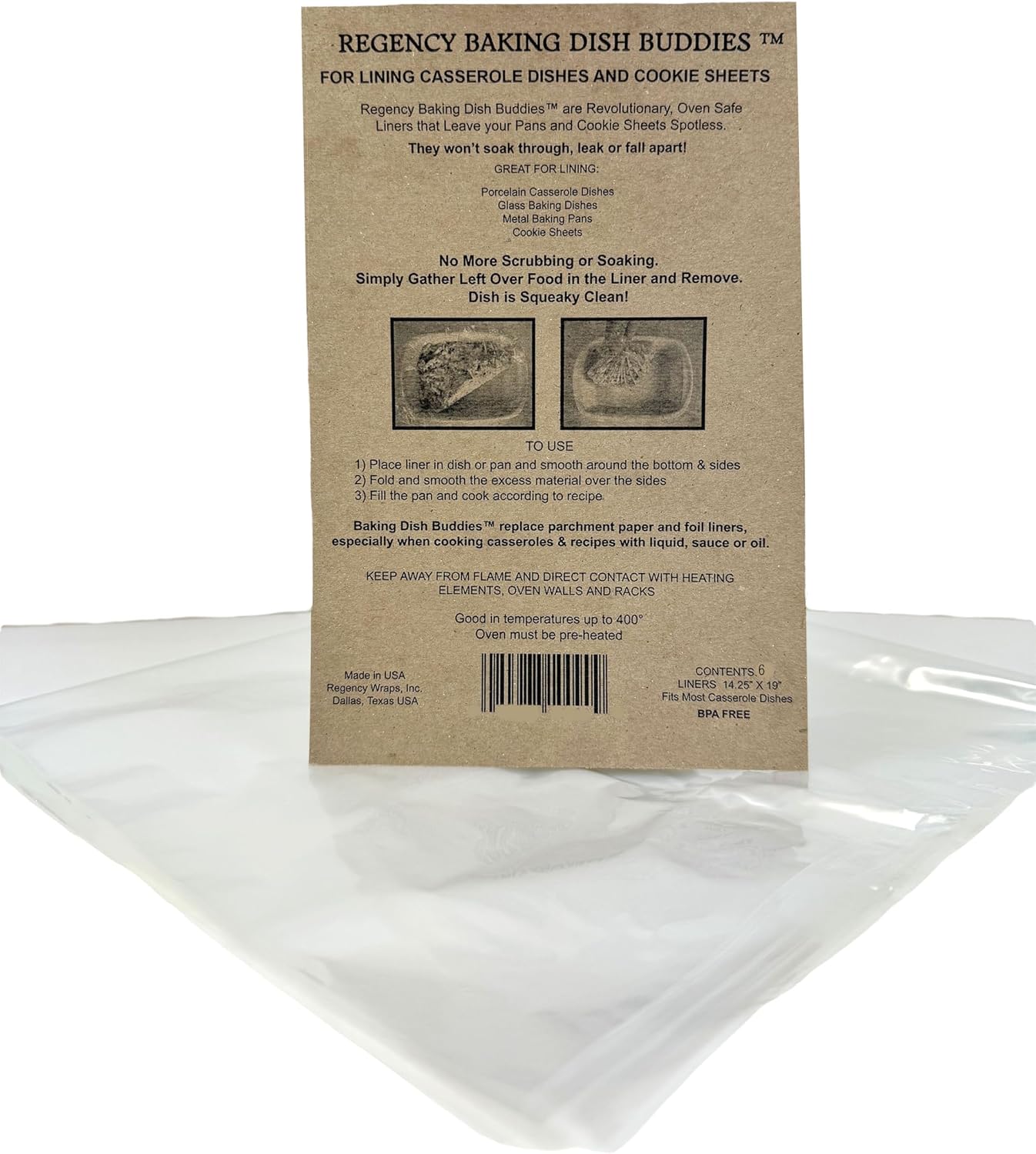 Regency Wraps Baking Dish Buddies, 14.5" X 19" pack of 25 Non-Stick Liners For Mess-Free Casseroles Dishes, Baking Sheets, glass and metal baking pans, Clear