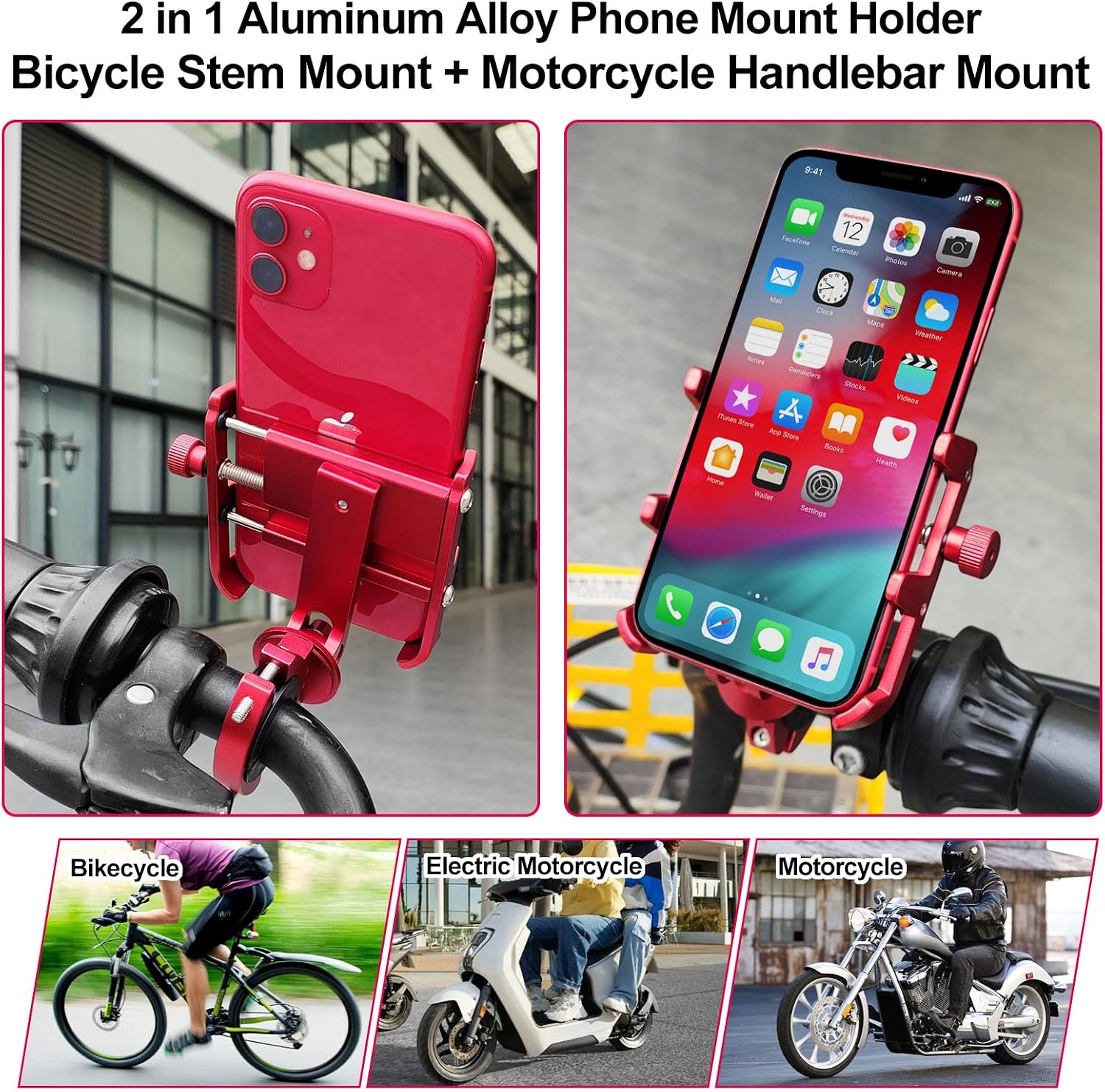 2 in 1 Aluminum Bicycle Phone Mount, Alloy Motorcycle Phone Holder, Fork/Road Mountain Bike MTB Stem Mounted or Handlebar Mounted, for iPhone Universal Smartphones 4-7inch (Red)