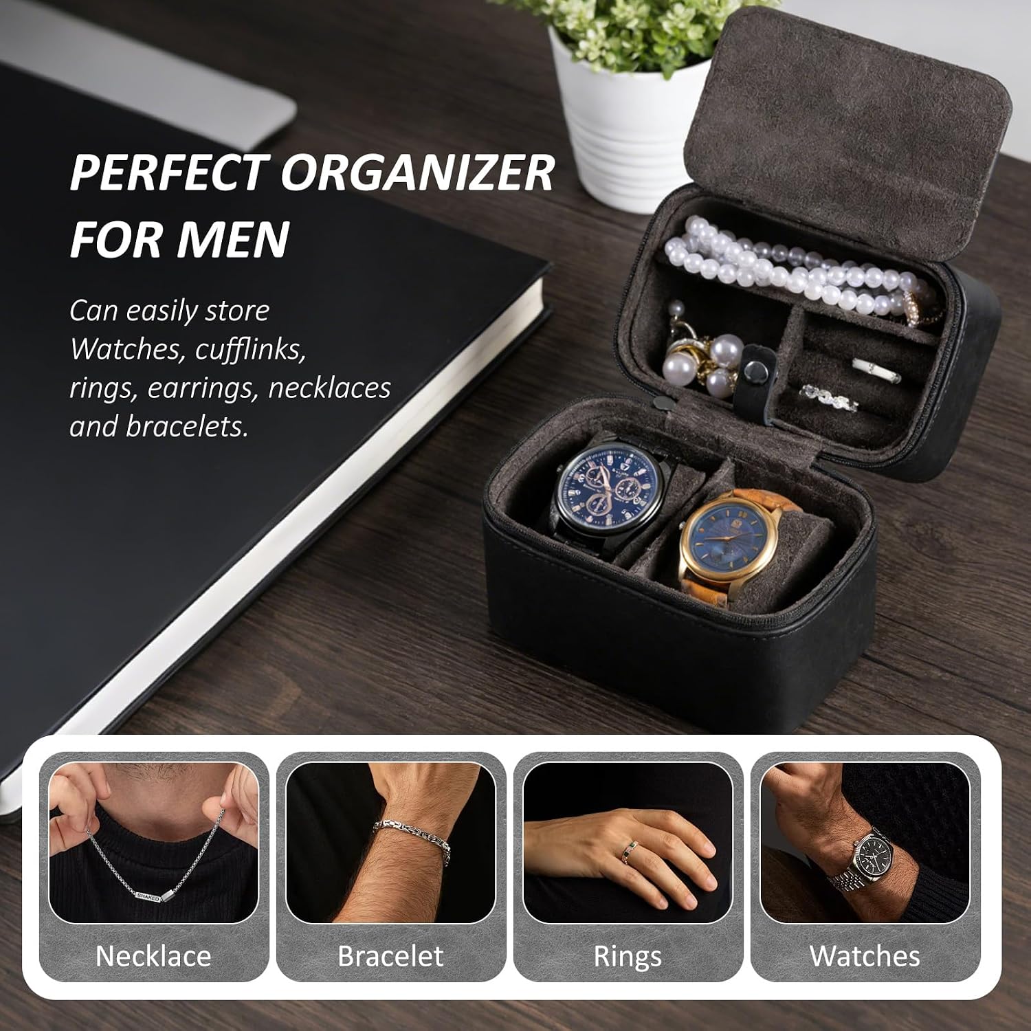 Travel Watch Case for Men,Compact PU Leather Watch Travel Box with Zipper for 2 Watches for Men & Essentials Organizer(Black)