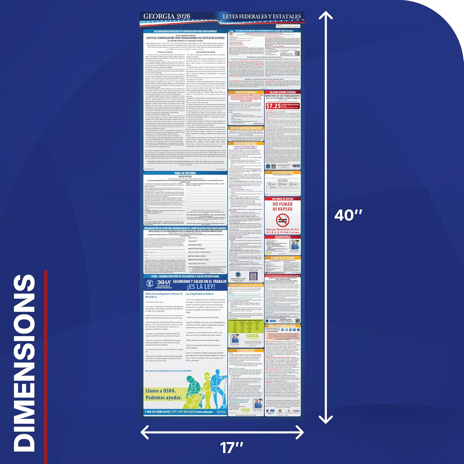 2026 Georgia State and Federal Labor Law Poster - English Spanish Combo - OSHA Workplace Compliant - Mandatory Regulations All-In-One Required Compliance Posting for Employees - 17" x 40" - Laminated (English & Spanish Combo) - Image 3