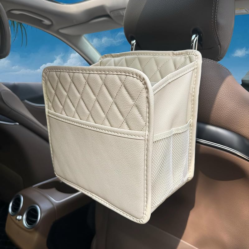 Organizador para Encosto de Banco Witaxima com Lixeira Automotiva e Bolsos em Couro Sintético Bege