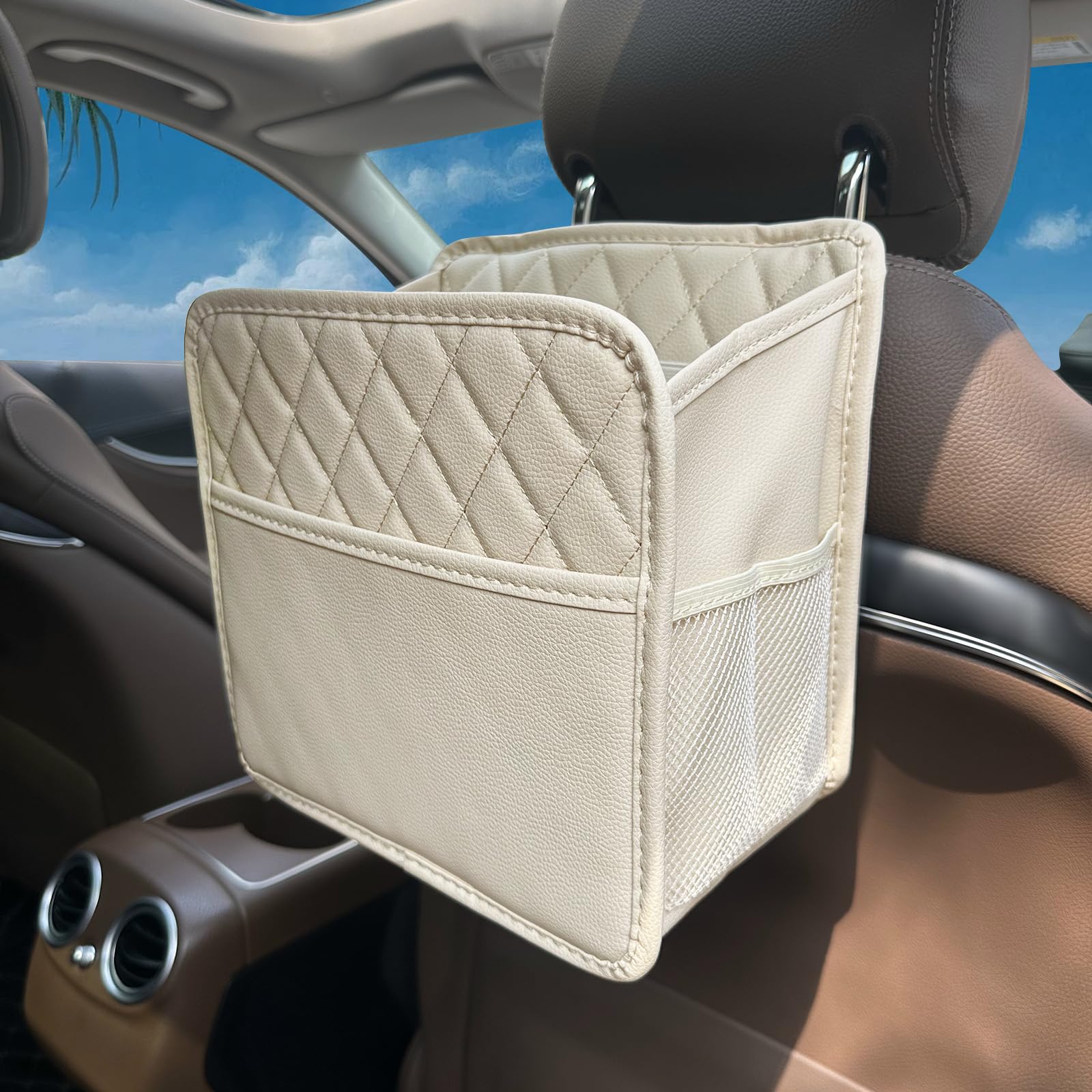 WitaximaUpgrade Car Seat Organizer Backseat with Storage Pockets, Multipurpose Car Organizer Hanging, Car Trash Bag Can,Premium PU Leather Garbage Can 2.14 Gallon Large Capacity Accessories Beige