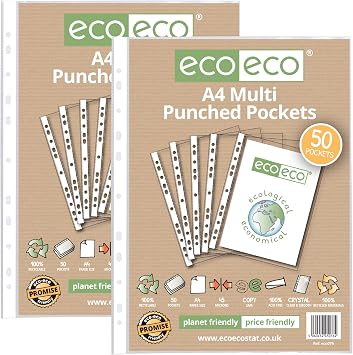 eco-eco A4 100% Recycled Multi Punched Pockets Glass Clear, Transparent Poly Wallet Sheet Protector, 45 Microns Pack of 50 x2, eco076x2