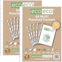 eco-eco A4 100% Recycled Multi Punched Pockets Glass Clear, Transparent Poly Wallet Sheet Protector, 45 Microns Pack of 50 x2, eco076x2