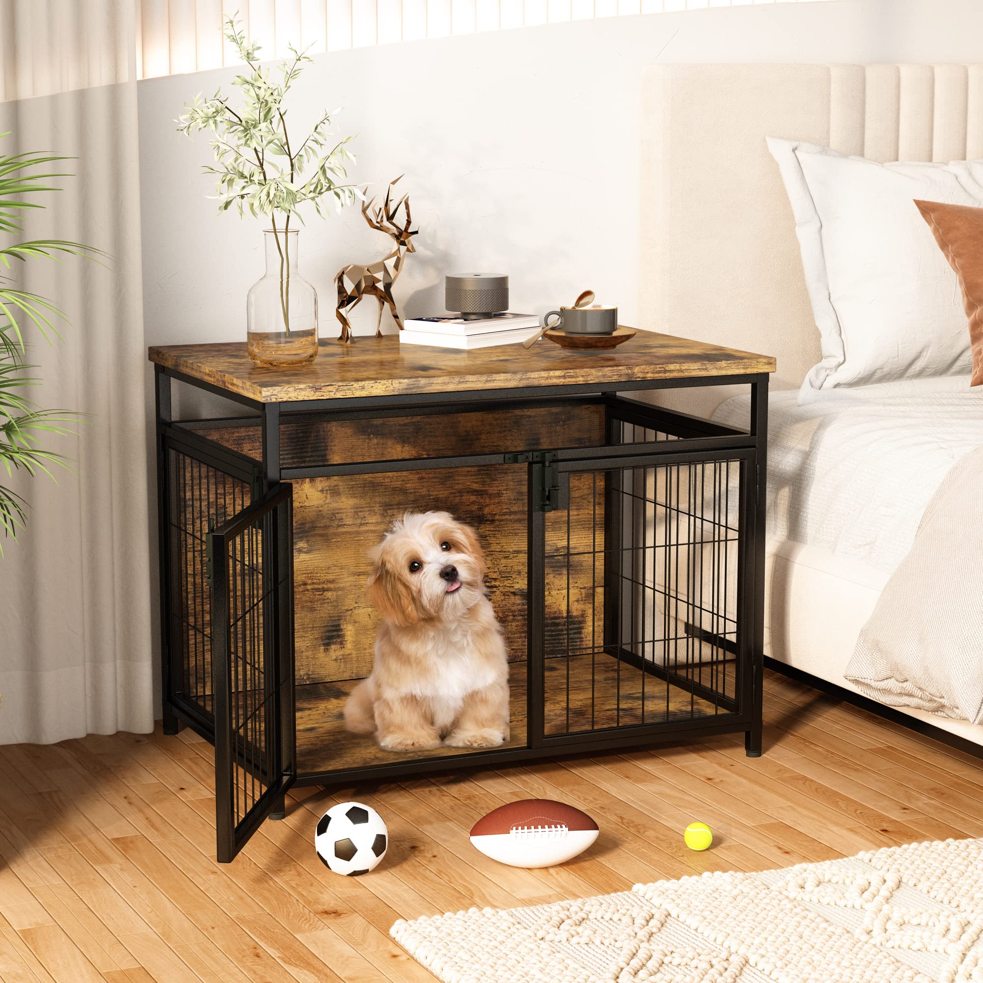 (Similar) Lamerge Wooden Dog Crate Furniture, 3 Doors Dog Kennels Indoor, Heavy Duty Dog Cage End Table, for Small/Medium/Large Dogs, 31.4" L x 22" W x 25.1" H, Rustic Brown