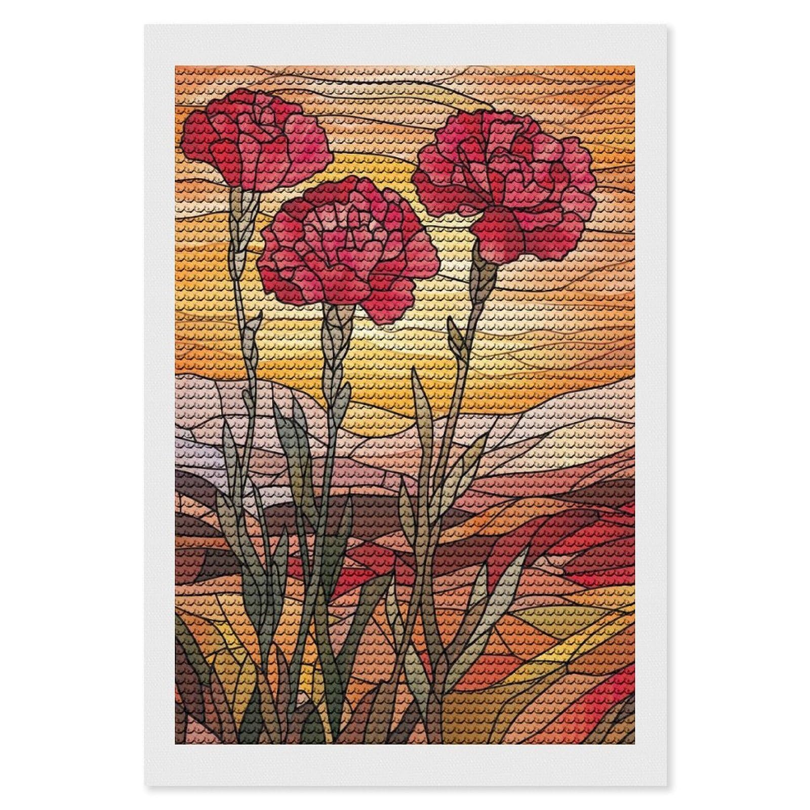 Junmoney Stained Glass Carnations DIY Diamond Art Canvas Kit 8"x12", Farmhouse Decor, Vintage Style Decor, Handmade Wall Decor, Canvas Picture