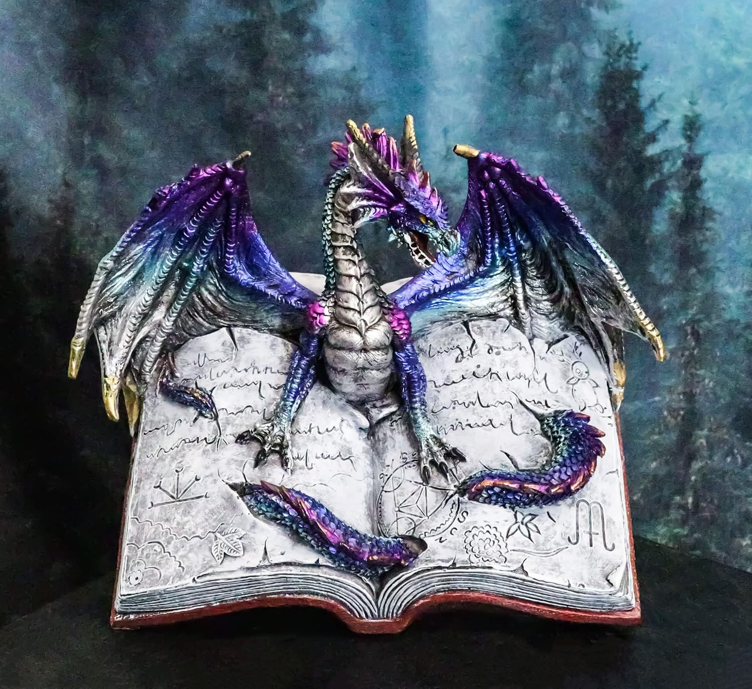 Ebros Gift World of Wizardry and Sorcery Spell Caster Fantasy Dragon of Bibliography Emerging Out of Spell Book with Magical Runes Decorative Figurine Rainbow Dragons (Purple Blue Drake)