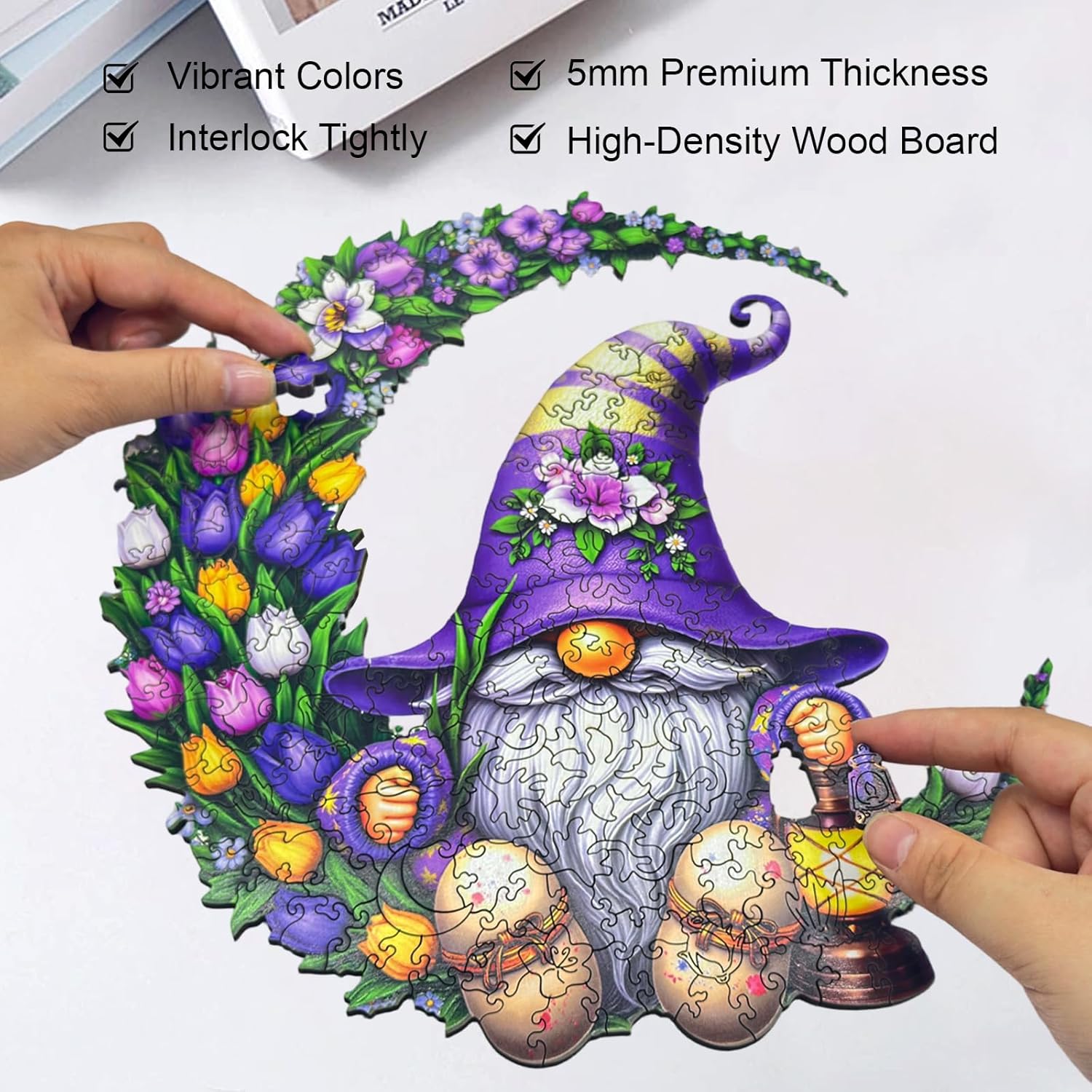 Wooden Puzzle for Adults 500 Piece, Fantasy Floral Moon Gnome Jigsaw Puzzle for Adults, 5MM Unique Shape Wooden Jigsaw Puzzle, Challenging Gnome Puzzles for Family Game Night Home Wall Decor 17*16.3in