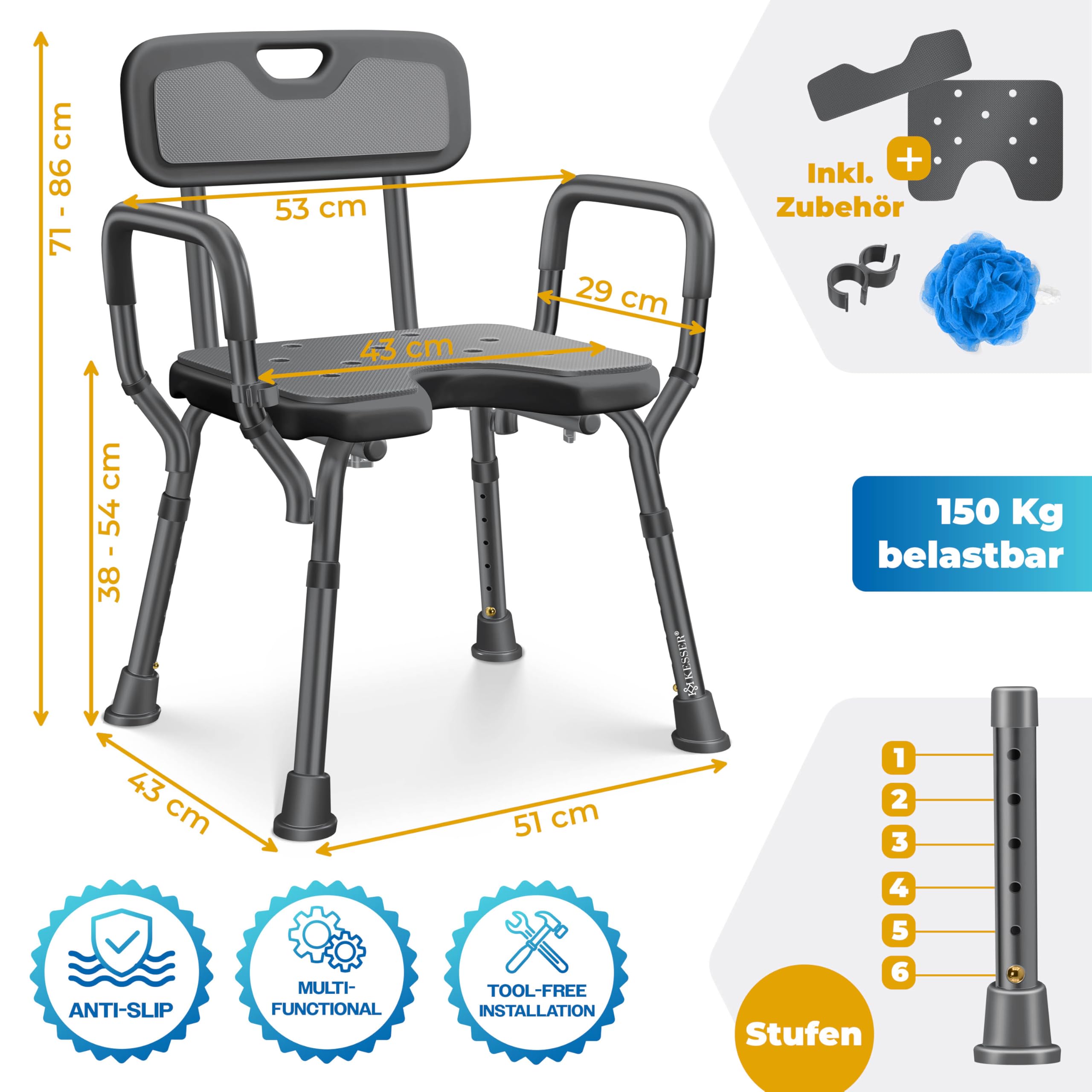 KESSER Taburete de ducha con respaldo para personas mayores y embarazadas, asiento de ducha, 150 kg, soporta 6 niveles, altura regulable 38-54 cm, ayuda para la ducha
