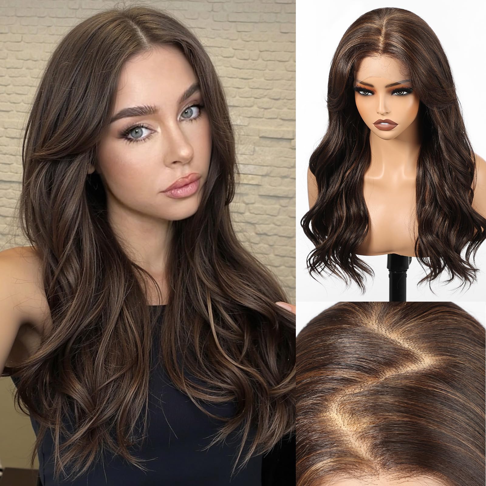 Photo 1 of HAIRCUBE 13x6 HD Lace Front Wig Synthetic 22 Inch Dark Brown Highlight Long Wave Layered Glueless Wig for Women, Natural Look Daily Wear