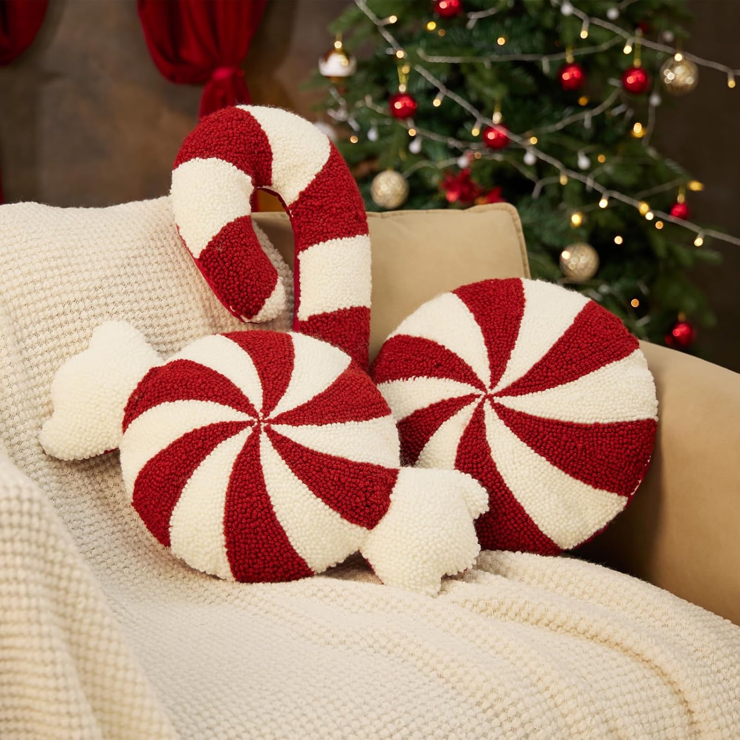 3 Pcs Cute Christmas Candy Cane Pillow, Fluffy Candy Corn Christmas Throw Pillow for Winter Home Sofa, Peppermint Xmas Decor (Cane Round A, 13.78''*22.83'')