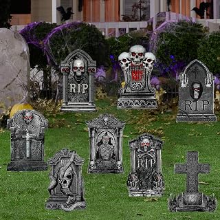 8 Pack Halloween Tombstones Yard Sign with Stakes, 16'' Graveyard Halloween Decorations Lawn Signs Decor, Waterproof Realistic Scary Skeleton RIP Gravestones Outdoor for Party