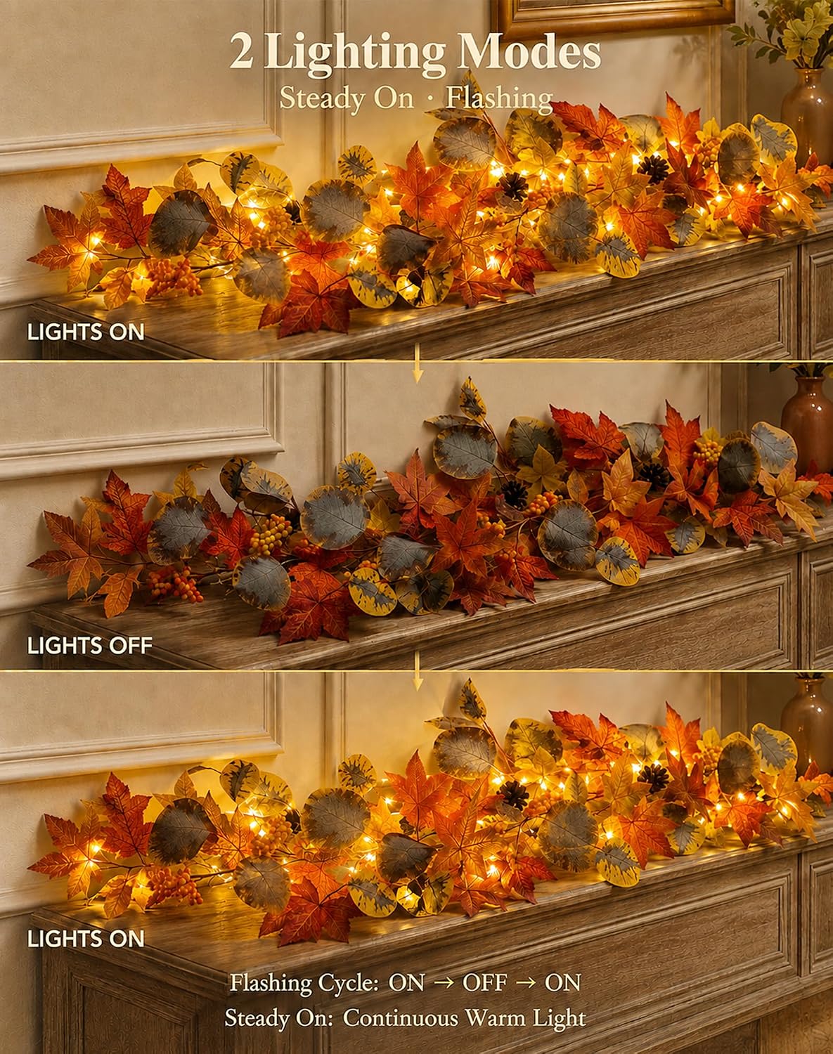 Fall Garland with 35 Warm LED Lights for Home, Fireplace Mantel, Outdoor