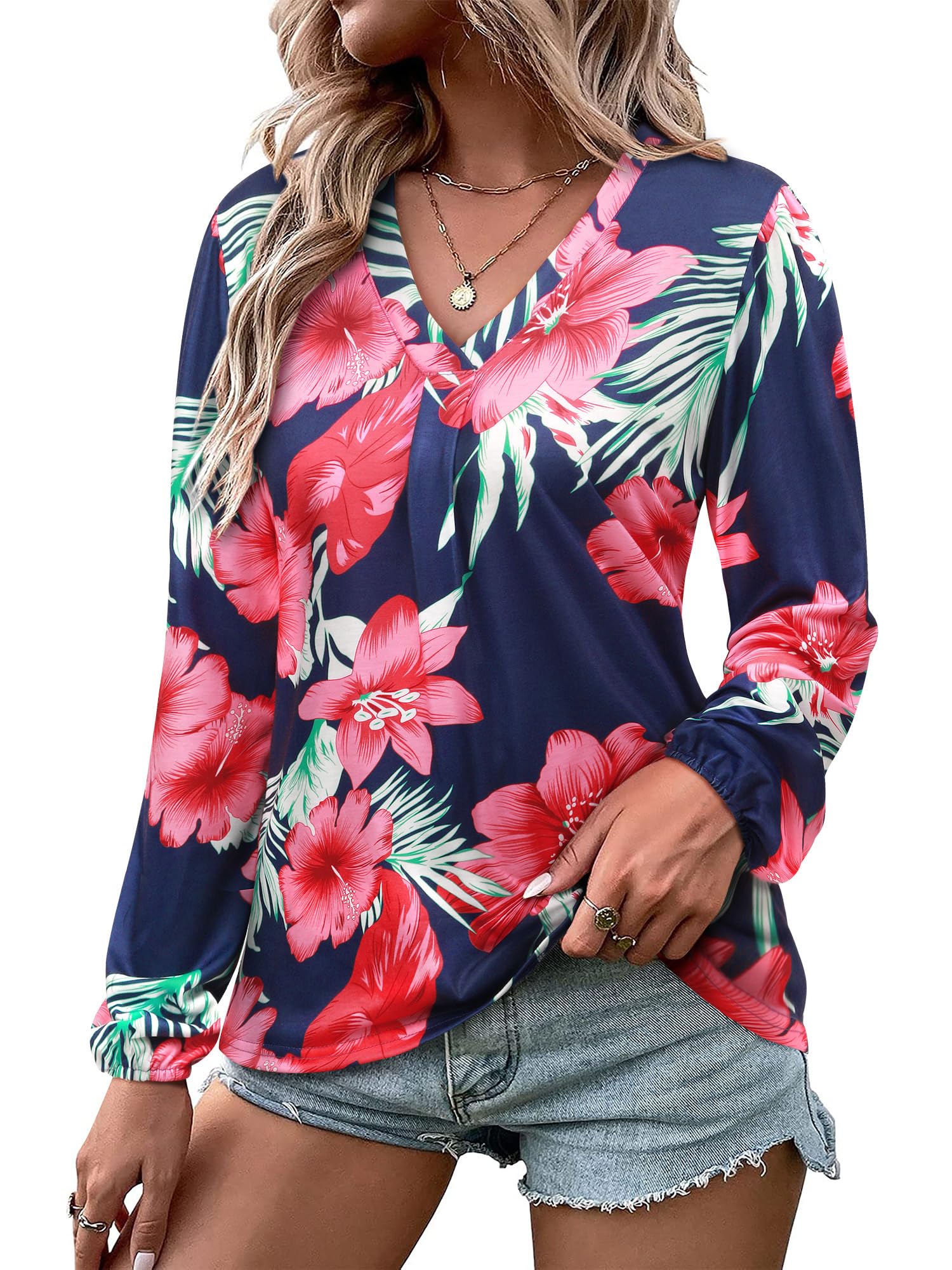 ZXZYWomens Hawaiian Shirt Vintage Leaf Floral Printed Tropical Tops V Neck Puff Long Sleeves Shirts