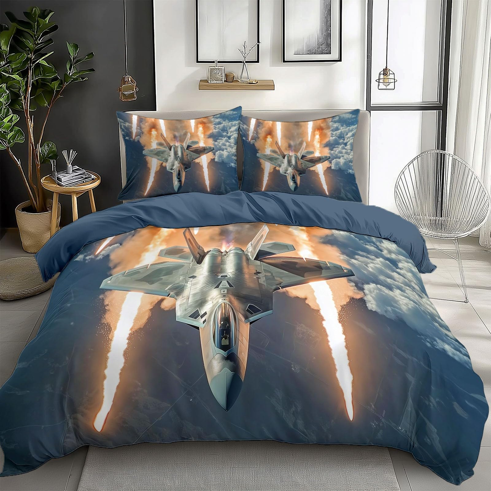 Housse de couette 240x260 avion de chasse militaire bleu ciel en microfibre avec 2 taies d'oreiller