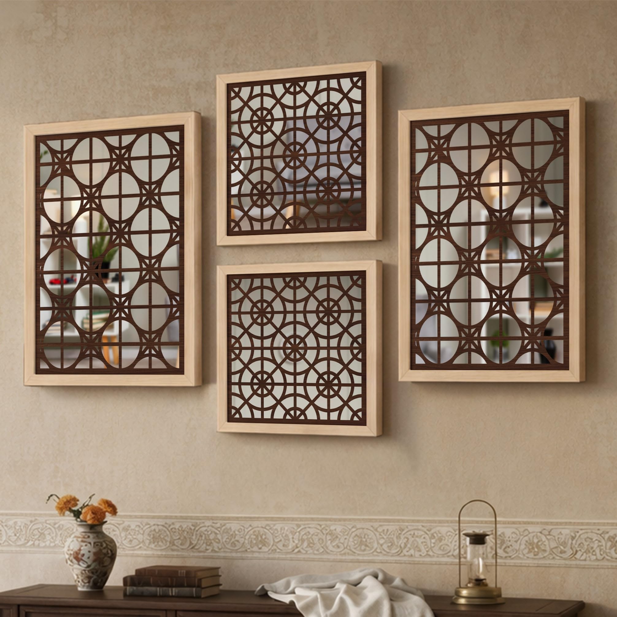 NoWorries Wooden Frame Wall Hangings/Wall Mirror Frames for Wall Decor - Pine Wood Carving Frame with Acrylic Mirror for Home Decoration (Set of - 4) (Wood - 1.4, 10x13/10x10 inches)-image-30