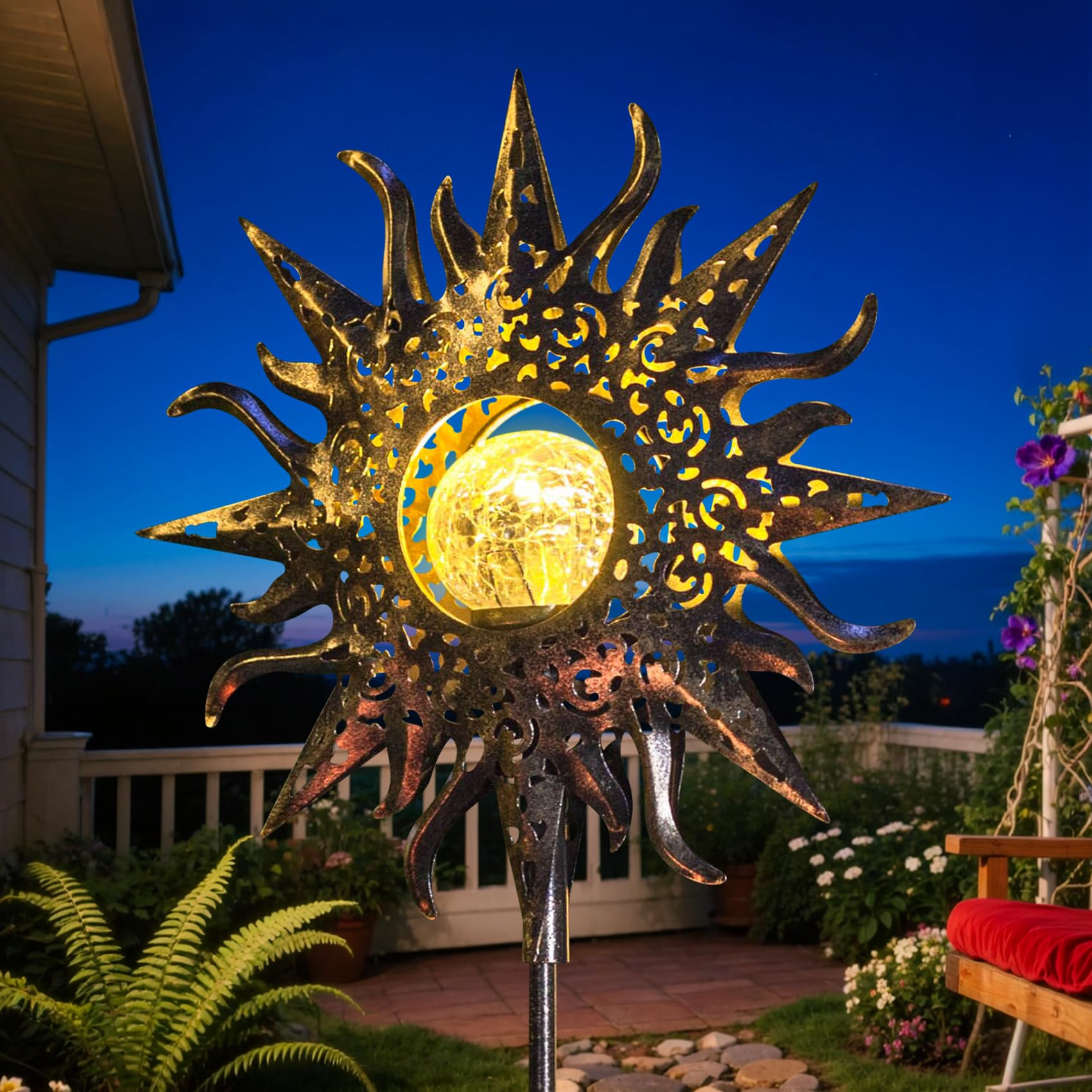 HOMEIMPRO Large Sun Solar Garden Decor Lights Outdoor Garden Gifts Mom Dad, Crackle Glass Metal Stake Backyard Decor, Waterproof LED Lights for Lawn Patio Ornaments, Mothers Day Gifts for Women