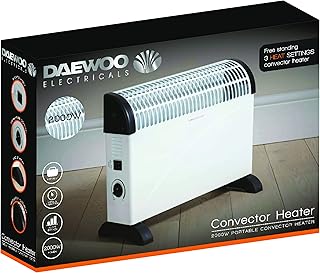 Daewoo Free Standing Bedroom/Kitchen 2000W Convector Heater with 3 Heat Settings, Safety Cut-Out Function with Thermostat Dial - White