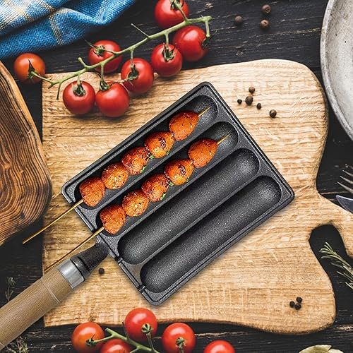 Miniatura 7 de Sartén para salchichas, Sartén de salchicha de hierro fundido, Bandeja antiadherente para hornear con mango de madera antiescaldado, sartén para