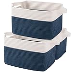 OIAHOMY Storage Baskets - Woven Cotton Rope Baskets for Shelves, Toy Towel Organizer Bins, Pack of 3, Blue & White