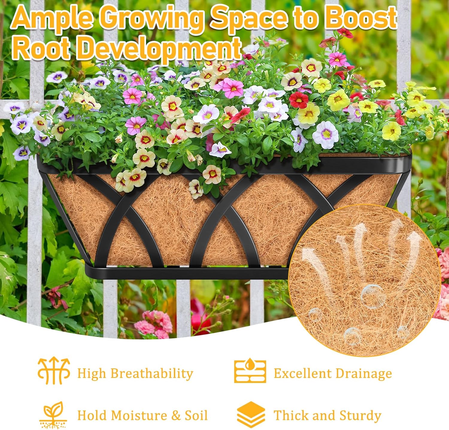 Riare 4 Pack 16 Inch Metal Railing Planter Window Box with Coco Liner- Adjustable Window Flower Boxes for Railings, Hanging Rail Planters for Deck, Balcony, Porch, Fence, Indoor Outdoor Plants