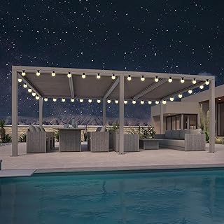 PURPLE LEAF Lamellenpavillon 3.65 x 6 m Alu Pergola mit 21.9 m 36 LED Kugel Lichterkette Terrassenüberdachung mit Verstellbaren Lamellendach Lamellenpergola Wasserdicht Stabil für Carport, Champagner