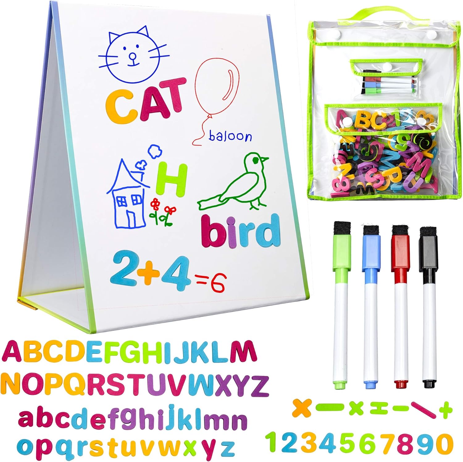 Magnetic Easel and Whiteboard for Kids – 4 Dry Erase Markers, 72 Magnet Numbers and Letters, and Bonus Carrying Bag – Table Top Educational Children’s Play Set