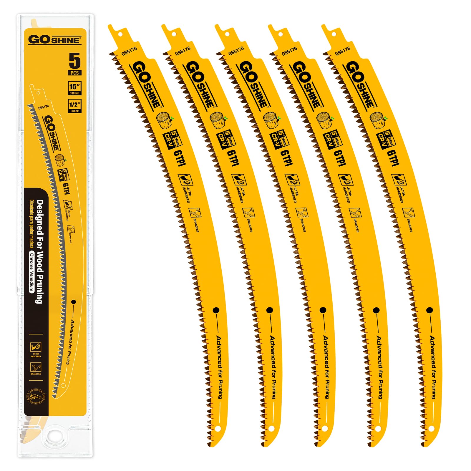 goshine Paquete de 5 hojas de sierra alternantes de dientes japoneses de 15 pulgadas, hojas de sierra de podar madera con borde de arco 6TPI para podar árboles, cortar madera,