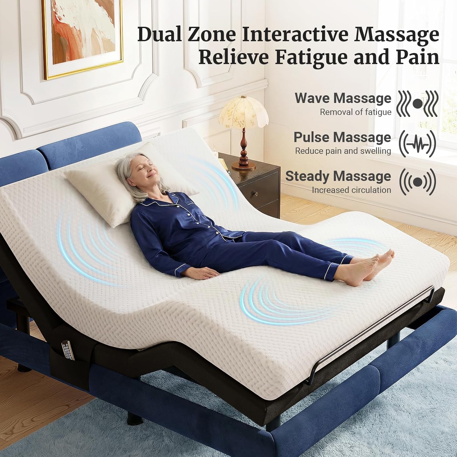 Image showing a person enjoying a massage on the Tami Tami T600 adjustable bed base, with illustrations of wave, pulse, and steady massage modes.