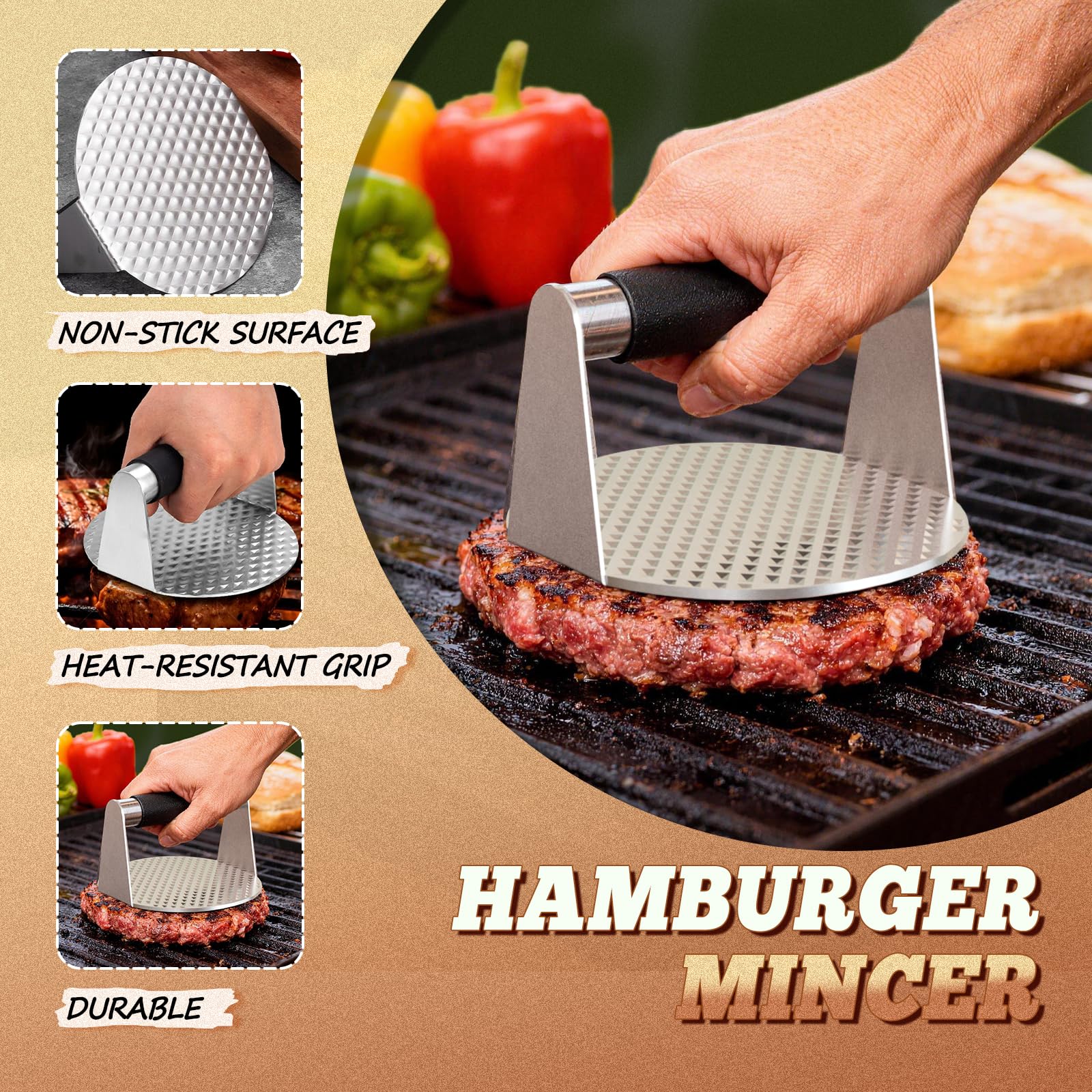 Smash Hamburger Set con manico in silicone, in acciaio inox, set da 7 pezzi, con pressa per hamburger, spatola, campana per hamburger, pennello, pressa per carne, carta antiaderente, spezie, un regalo