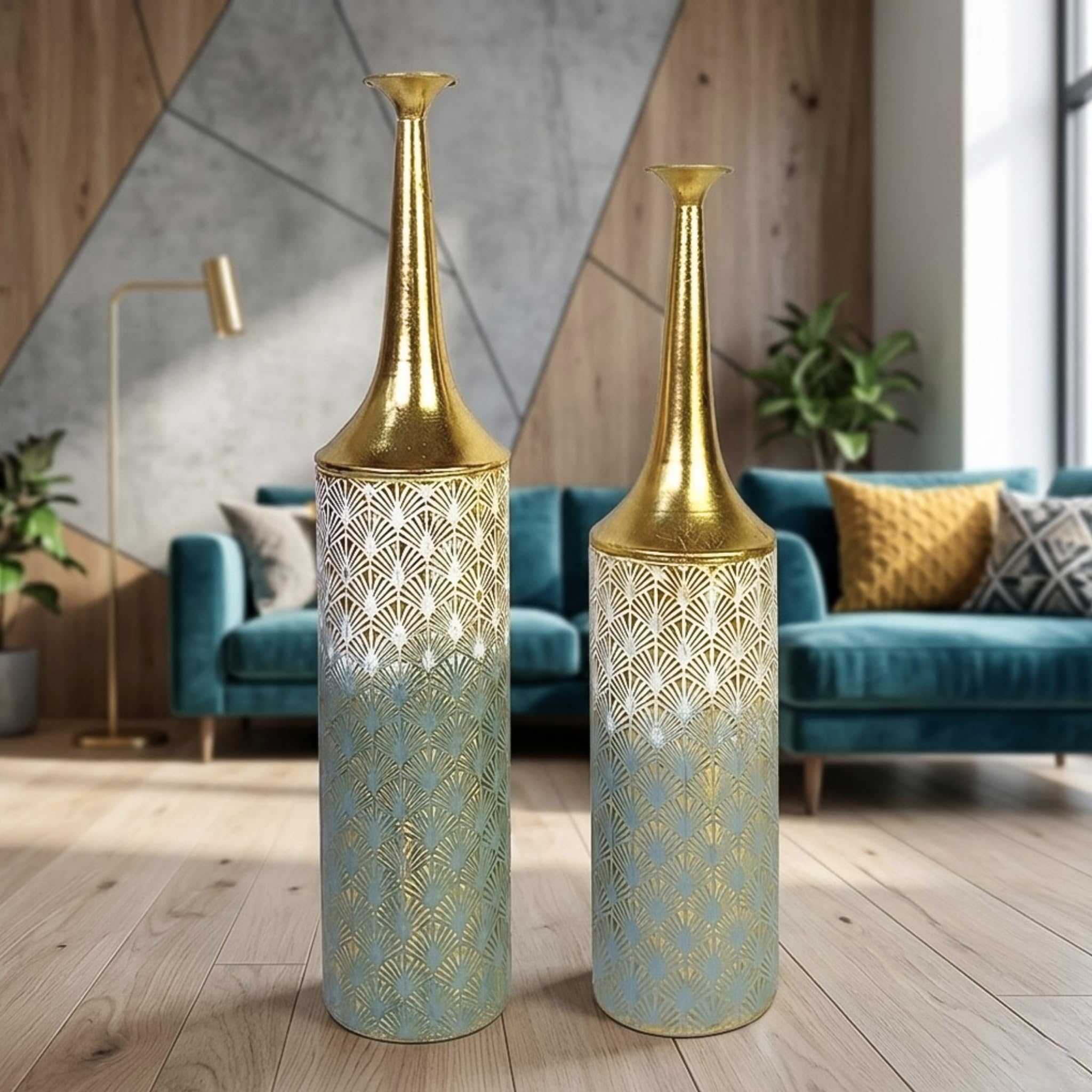 Leewadee Große Bodenvasen im 2er Set 65/55 cm - Hohe Metall Deko Vasen in Gold für Wohnzimmer Dekoration