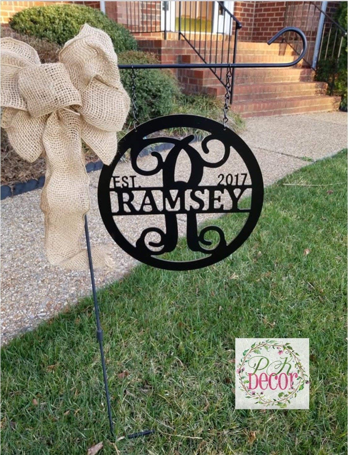 PK Décor Last Name Garden Flag, Custom Lamp Post Sign, Hanging Initial Wreath Accessory, Metal ACM Established Home Door Hanger, Personalized Front Door Decor (14)