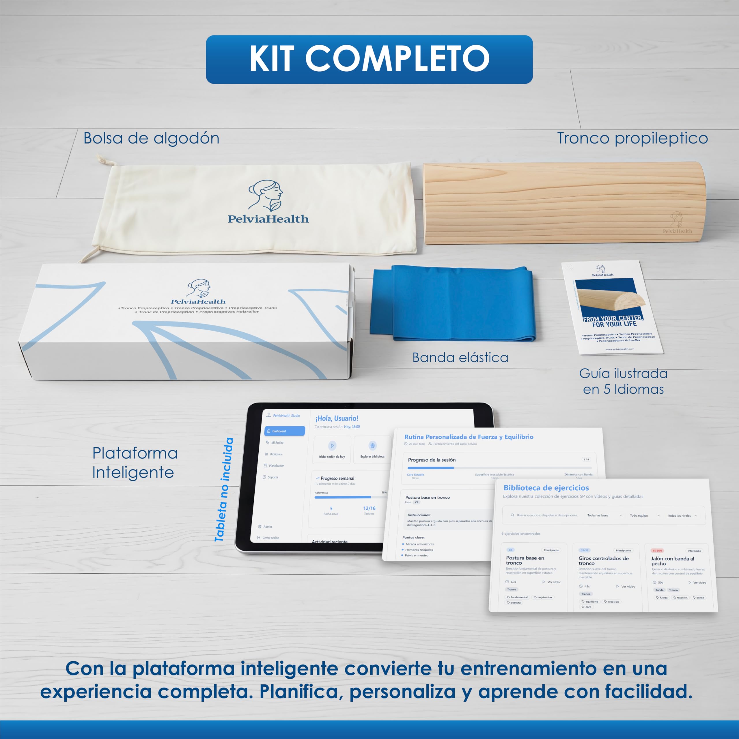 Tronco Propioceptivo Suelo Pélvico 50x17 cm Madera de Pino | Kit 6 en 1: Banda Elástica, Guía, Vídeos, Pads Antideslizantes, Bolsa Algodón, Acceso a Plataforma IA | Método 5P
