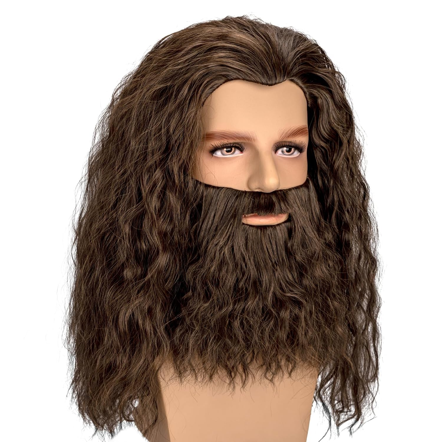 Mens Long Brown Cosplay Wigs Curly Hair Wig with Beard Mustaches for Halloween Cosplay Party Costume Wigs