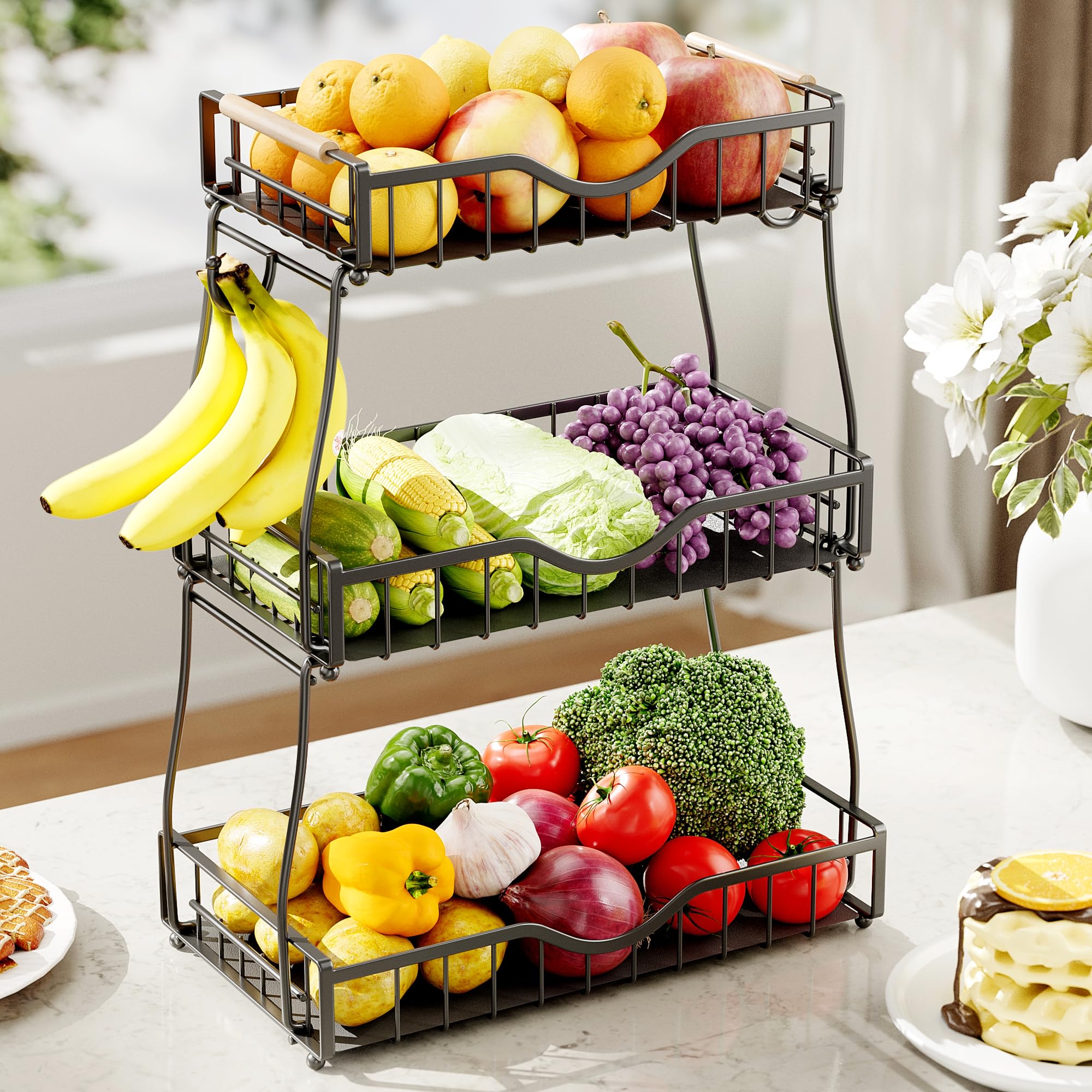 THKVESN 3 Tier Fruit Bowl,Fruit Basket with Banana Hangers,Black — image 1