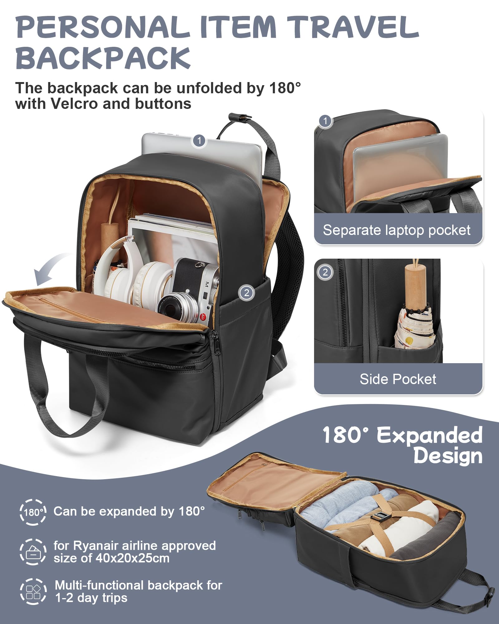 Bergsalz Zaino Nero da Viaggio Donna 40x20x25 Ryanair Bagaglio a Mano Uomo Sportivo Scuola Casual Laptop 14 Pollici