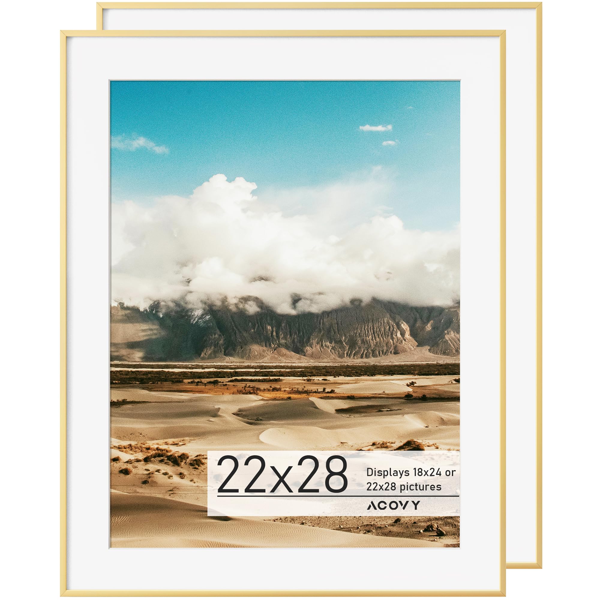 Acovy 22x28 Poster Frame Gold with Mat for 18x24, Premium Aluminum 22 x 28 picture frame, HD Tempered Glass, Metal Photo Frame 28x22 for Wall Display (Gold, Pack of 2) — image 1
