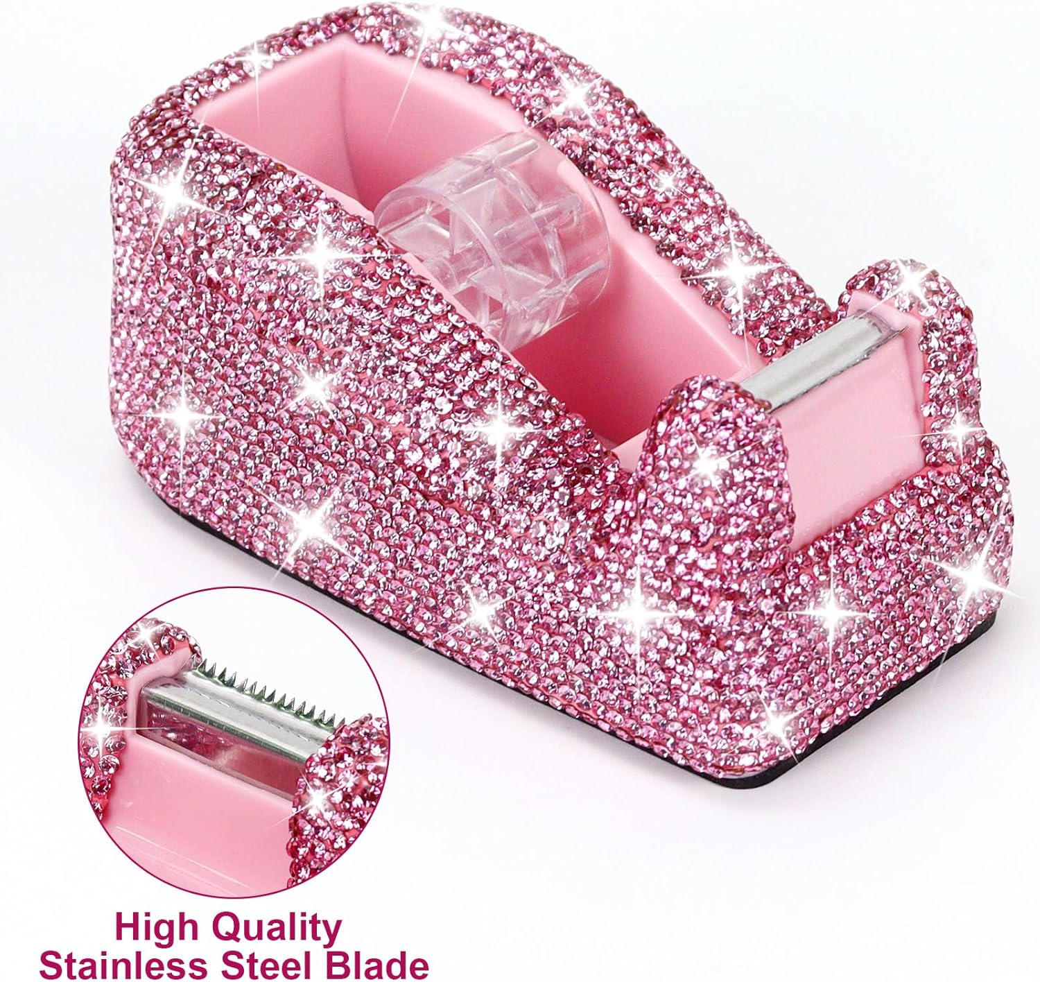 MultiBey Rhinestone Stapler and Tape Dispenser Set - Bling Crystal Handmade Pink Stapler and Tape Holder with 1000 Staples & Tape, Pretty Office Stationery Kit Desk Accessories for Women Lady (Pink)