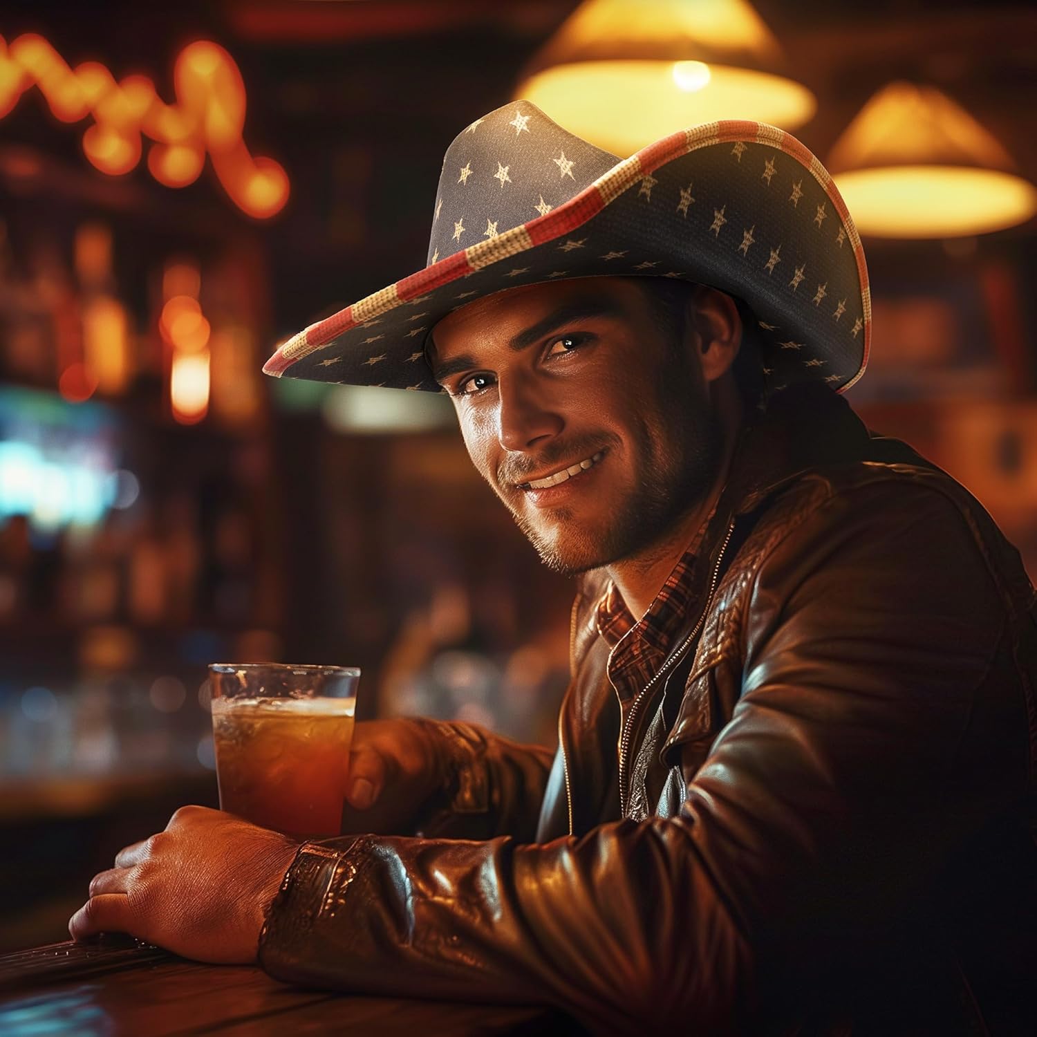 Windy City Novelties Vintage Tea-Stained American Flag Cowboy Hat – Small 21" with chin strap - Image 6