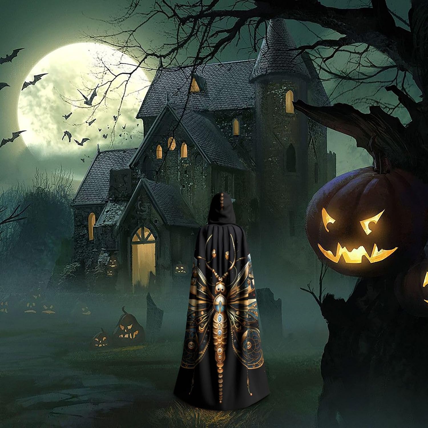 Unisex Full Length Hooded Halloween Christmas Party Robe Cloak Cape Cosplay Costume Men Women Golden Delicate Dragonfly On Black Background Prints