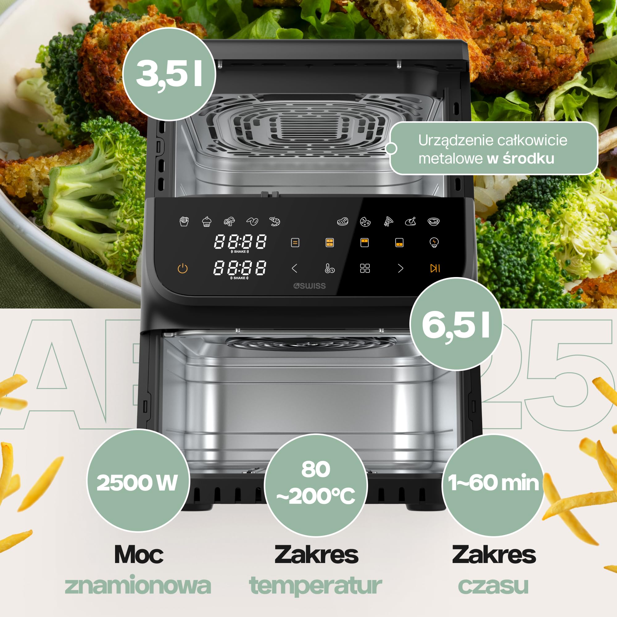 4Swiss Frytkownica Beztłuszczowa Air Fryer Dwukomorowa na Gorące Powietrze Airfryer Pionowy XXL Duża Pojemność do Pieczenia Mięsa Frytek Warzyw Ryb Oszczędzający Miejsce Łatwe Czyszczenie - ABB-225