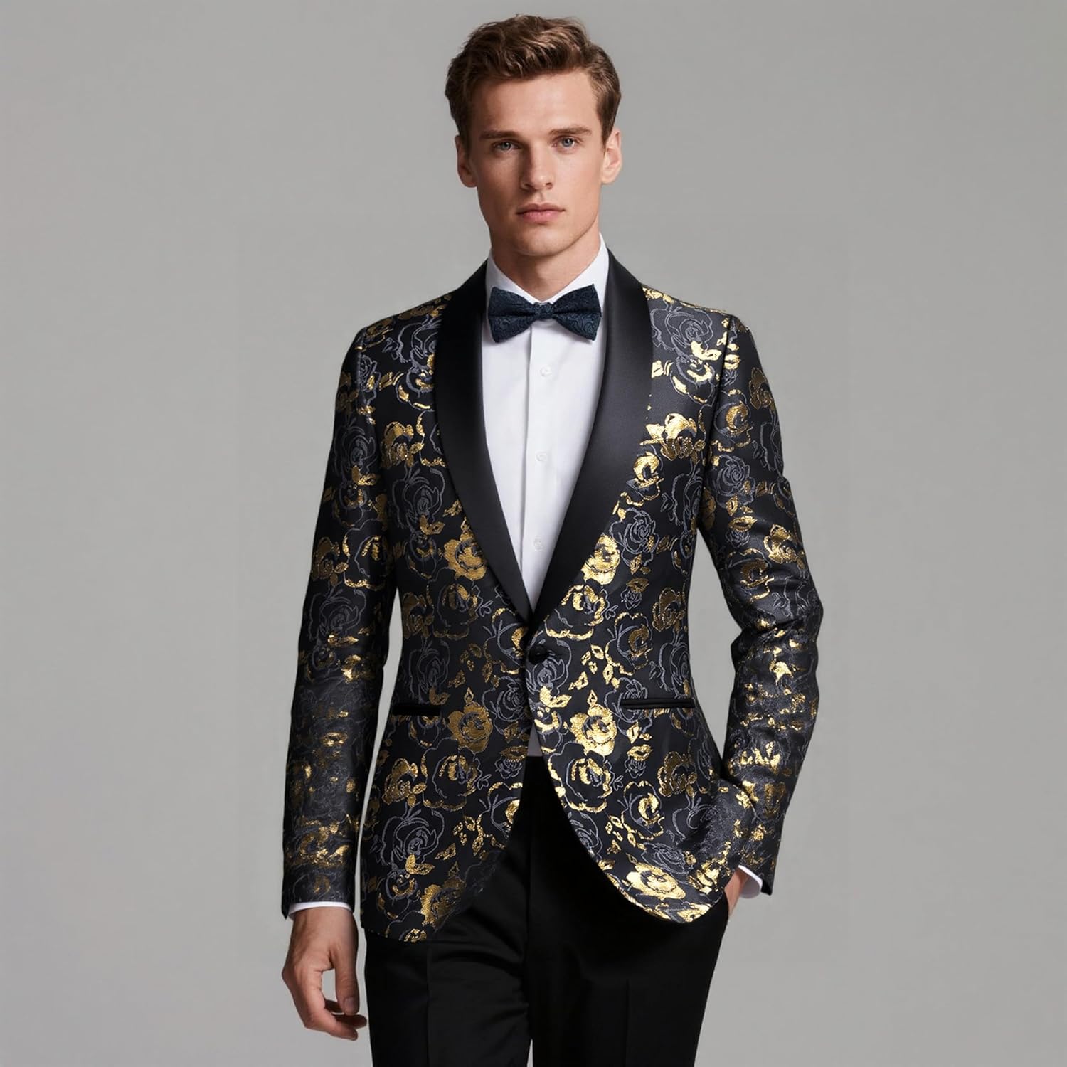 Hi-Tie Stylish Men Suit Jacket Blazer Shawl Lapel One Button Slim Fit Long Sleeve Jacket Tuxedo Party Dinner - Image 3