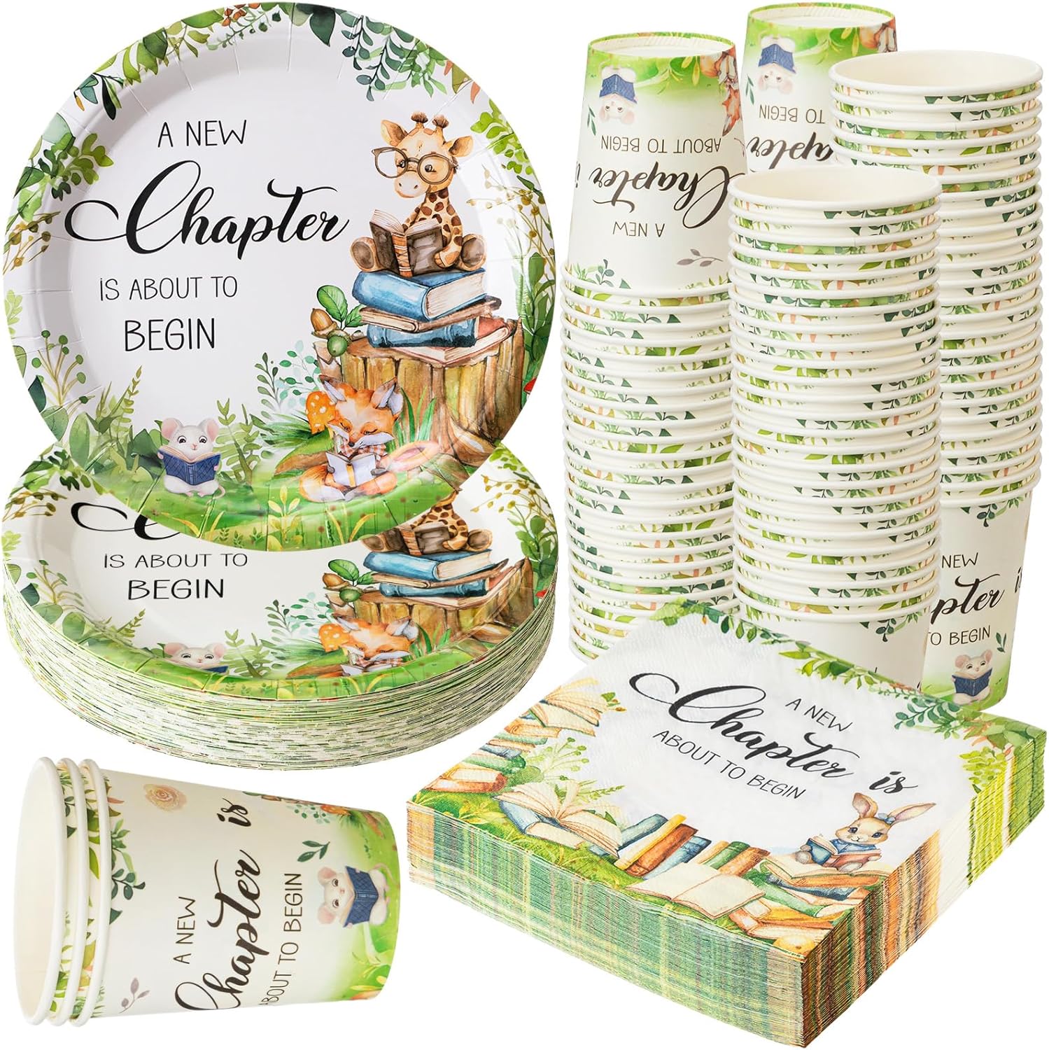 Ziliny 200 Pcs Storybook Baby Shower Decorations Supplies a New Chapter Is About to Begin Paper Plates Napkins Cups Supplies Library Reading Book Club Decoration Tableware Serves 50 Guests