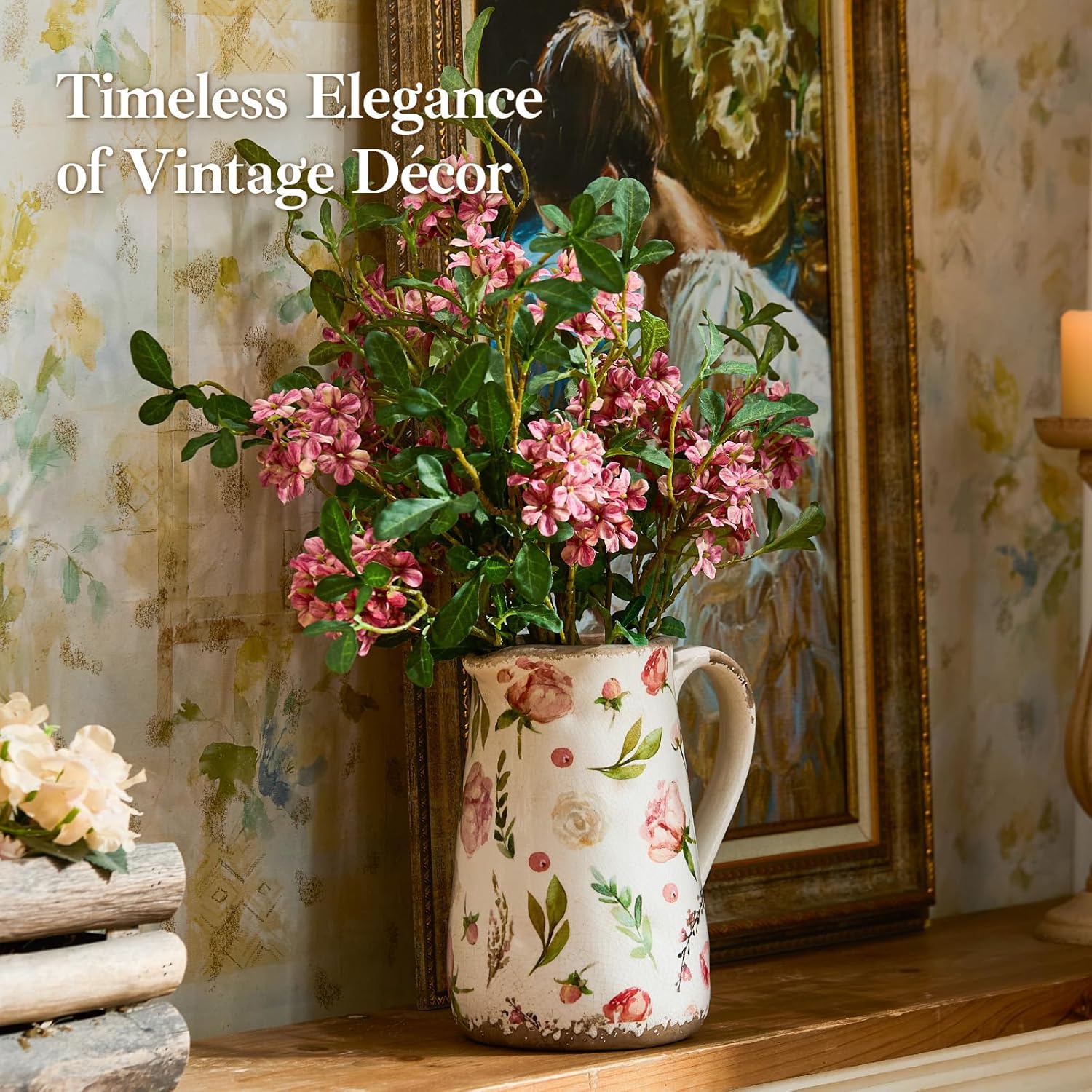 Retro Rustic Large Ceramic Vase with Handle, Distressed Farmhouse Pitcher for Home, Ideal Shelf Decor Floral Vase for Living Room Bedroom Office Table Centerpiece Decorations 9 Inch - Image 7