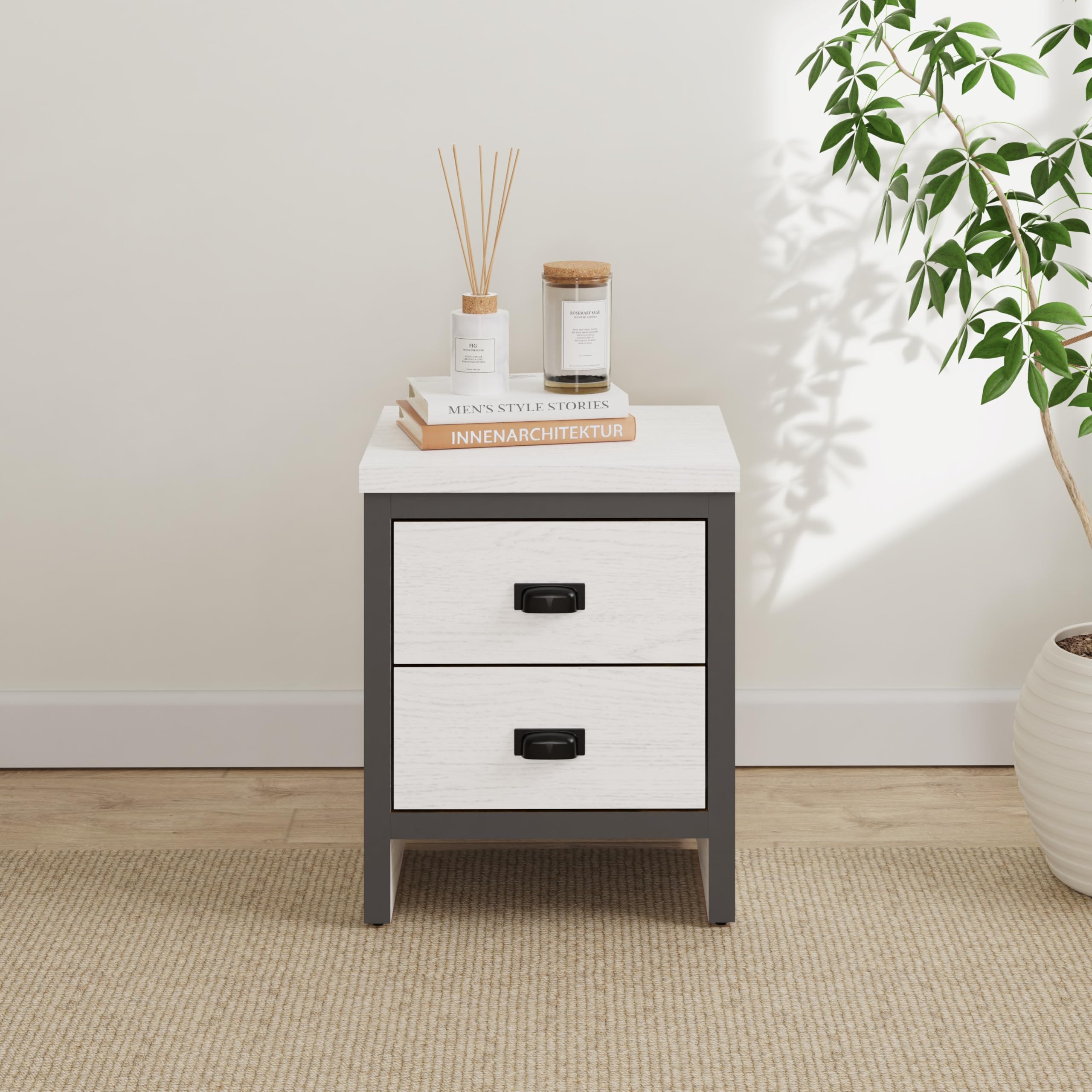 GFW Boston Bedside Table with 2 Drawers, Industrial Nightstand with Oak Effect Finish, 30mm Top Panel and Contrasting Frame, Bedroom Storage Cabinet