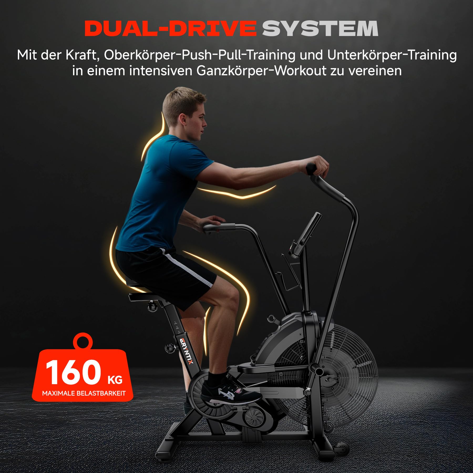 Air Bike, Heimtrainer Fahrrad Air Bike mit Luftwiderstand, Trainingsfahrrad mit Einstellbarem Magnetwiderstand, Leises Indoor-Fitnessbike für Ganzkörpertraining, LCD Monitor, App Verbindung