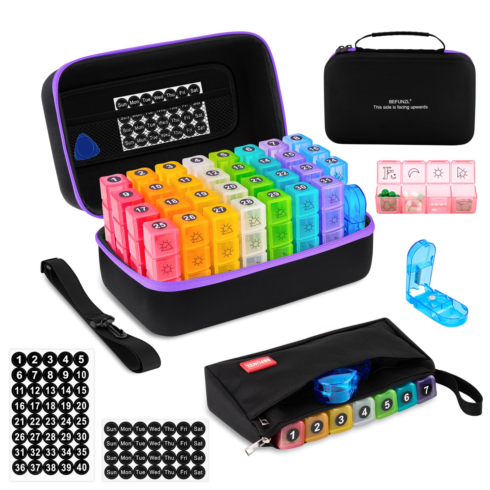 Monthly Pill Organizer Medicine Organizer Box with Portable Hard Shell and Pill Cutter 31 Day Pill Holder with