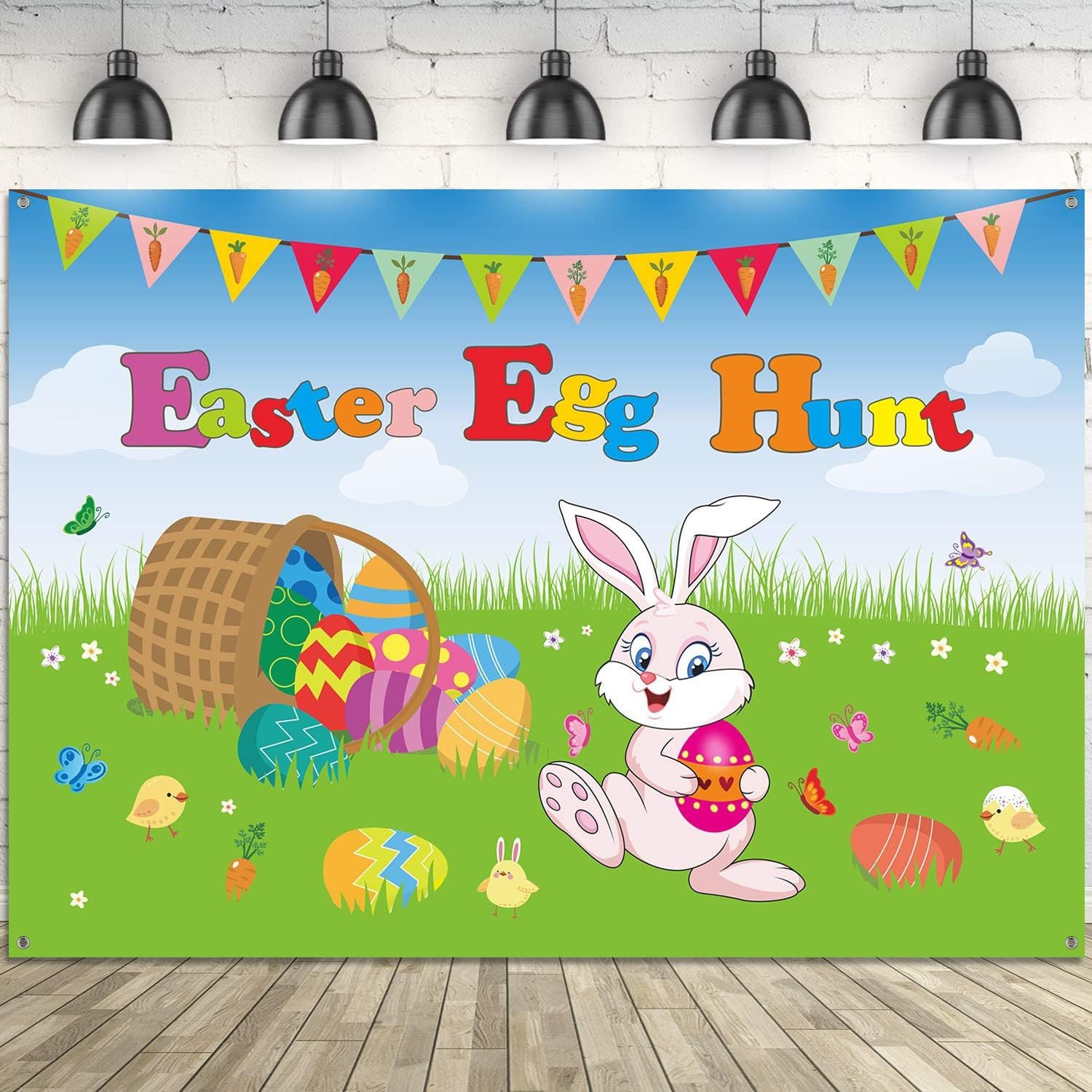 Blulu Easter Decorations Easter Banner, Extra Large Fabric Bunny and Chick Sign Poster Easter Lawn Yard Decorations for Easter Hunt Game, Easter Party Photo Booth Backdrop Background Banner, 7 x 5 ft